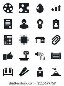 Set of vector isolated black icon - desk vector, bulb, watering, water drop, blood test vial, patient, container, heavy scales, reel, finger up, paper clip, contract, stapler, waiter, cheese, chip