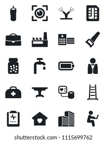 Set of vector isolated black icon - ladder vector, saw, doctor case, blood pressure, pills bottle, pulse clipboard, hospital, sim, battery, office building, water supply, table, sweet home, factory