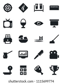 Set of vector isolated black icon - calculator vector, pen, presentation board, hoe, blood test vial, eye, heavy scales, tv, video, monitor statistics, target, printer, pool, reserved, salad, ham