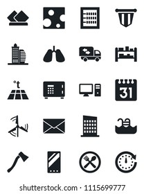 Set of vector isolated black icon - safe vector, mail, pennant, axe, lungs, rack, mobile, calendar, abacus, pool, windmill, office building, moving, city house, cafe, cheese, serviette, pc, clock