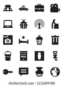 Set of vector isolated black icon - trash bin vector, male, alarm car, baby room, bucket, lady bug, garden light, hospital bed, no hook, antenna, laptop pc, message, video, photo gallery, case, key