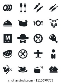 Set of vector isolated black icon - spoon and fork vector, waiter, dish, restaurant table, cafe, menu, plates, dress code, chicken, steak, kebab, ham, steaming pan, sushi, serviette