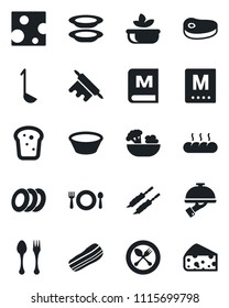 Set of vector isolated black icon - spoon and fork vector, cafe, menu, salad, plates, bacon, waiter, bread, steak, kebab, ladle, bowl, rolling pin, cheese