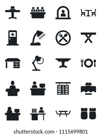 Set of vector isolated black icon - cafe vector, reception, flight table, medical room, desk, meeting, manager place, picnic, lamp, restaurant, salt and pepper