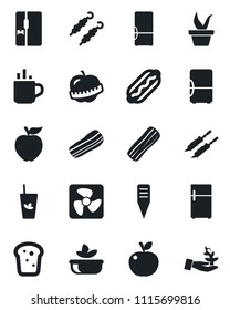 Set of vector isolated black icon - hot cup vector, seedling, plant label, diet, fridge, phyto bar, salad, bacon, bread, kebab, dog, apple fruit, fan, palm sproute
