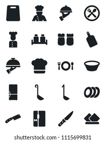 Set of vector isolated black icon - fridge vector, cook, cafe, hat, plates, waiter, salt and pepper, ladle, bowl, cutting board, knife, serviette