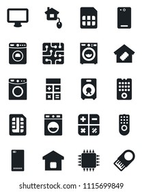 Set of vector isolated black icon - washer vector, calculator, monitor, speaker, phone back, sim, smart home, control, chip, remote, usb flash