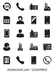 Set of vector isolated black icon - mobile phone vector, office, 24 hours, support, cell, radio, back, call, sim