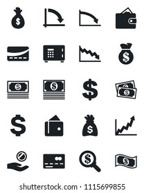 Set of vector isolated black icon - credit card vector, safe, dollar sign, money bag, crisis graph, cash, wallet, growth, search, investment