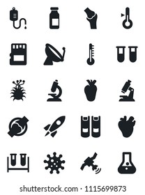 Set of vector isolated black icon - satellite antenna vector, book, blood test vial, dropper, microscope, ampoule, real heart, joint, virus, sd, thermometer, rocket, flask