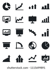 Set of vector isolated black icon - growth statistic vector, presentation board, crisis graph, circle chart, monitor statistics, bar, pie, point, arrow up