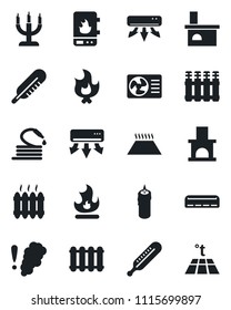 Set of vector isolated black icon - fire vector, hose, fireplace, thermometer, heater, air conditioner, candle, water, smoke detector, radiator, warm floor