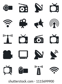 Set of vector isolated black icon - antenna vector, satellite, radio, loudspeaker, tv, video camera, wireless