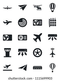 Set of vector isolated black icon - plane vector, airport tower, radar, departure, helicopter, seat map, air conditioner, fan, paper, balloon