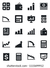 Set of vector isolated black icon - growth statistic vector, calculator, crisis graph, receipt, bar, wallet, cash, presentation