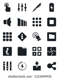Set of vector isolated black icon - package vector, sorting, settings, touch screen, stop button, menu, folder, charge, application, pen, sound, information, social media