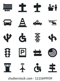 Set of vector isolated black icon - airport tower vector, plane radar, bus, parking, passport control, signpost, alarm car, border cone, helicopter, disabled, route, traffic light, truck trailer