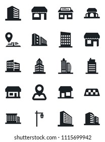 Set of vector isolated black icon - taxi vector, shop, office building, garden light, navigation, store, city house, cafe, storefront