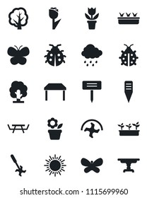 Set of vector isolated black icon - sun vector, flower in pot, ripper, tree, butterfly, lady bug, seedling, rain, plant label, picnic table, tulip