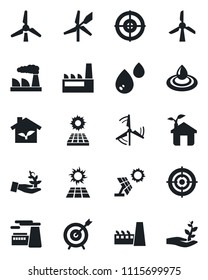 Set of vector isolated black icon - factory vector, target, sun panel, windmill, eco house, water, palm sproute