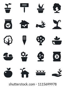 Set of vector isolated black icon - flower in pot vector, seedling, tree, sproute, plant label, fertilizer, fruit, salad, apple, eco house, palm