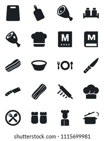 Set of vector isolated black icon - cook vector, cafe, hat, menu, bacon, salt and pepper, ham, bowl, rolling pin, cutting board, knife, steaming pan