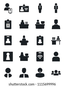 Set of vector isolated black icon - female vector, reception, manager, identity card, place, patient, user, desk, estate agent, pass, group