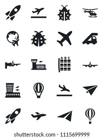 Set of vector isolated black icon - departure vector, arrival, ladder car, plane, boarding, helicopter, seat map, globe, airport building, lady bug, rocket, paper, air balloon