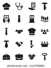 Set of vector isolated black icon - medical room vector, handshake, team, tie, document, stethoscope, meeting, cook hat, case