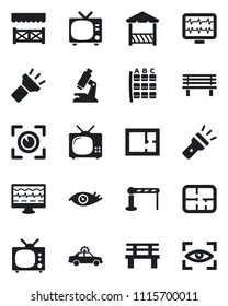 Set of vector isolated black icon - barrier vector, tv, alarm car, seat map, bench, monitor pulse, microscope, eye, torch, plan, alcove, scan