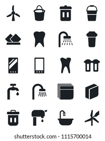 Set of vector isolated black icon - shower vector, bucket, tooth, mobile, blank box, water supply, bathroom, serviette, filter, trash bin, windmill