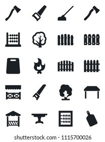 Set of vector isolated black icon - fence vector, tree, saw, fire, hoe, axe, abacus, table, alcove, cutting board