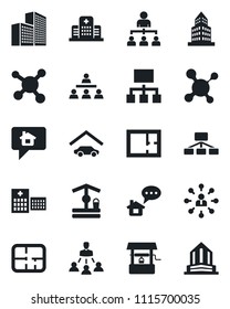 Set of vector isolated black icon - hierarchy vector, well, molecule, hospital, office building, garage, plan, home message