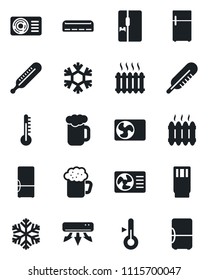 Set of vector isolated black icon - thermometer vector, heater, air conditioner, fridge, drink, beer, snowflake