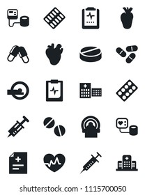 Set of vector isolated black icon - heart pulse vector, diagnosis, syringe, blood pressure, pills, blister, tomography, real, clipboard, hospital