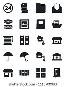 Set of vector isolated black icon - 24 around vector, automatic door, umbrella, shop, checkroom, book, store, mail, scanner, folder, copybook, document, open close, home control, jalousie