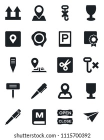 Set of vector isolated black icon - parking vector, pen, stamp, plant label, navigation, pin, fragile, up side sign, no hook, cut, place tag, sertificate, menu, open close, paper plane