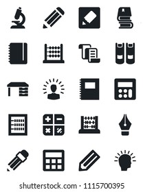 Set of vector isolated black icon - contract vector, book, calculator, abacus, desk, notepad, pencil, microscope, notes, copybook, ink pen, shining head