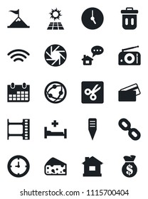 Set of vector isolated black icon - calendar vector, house, plant label, hospital bed, clock, film frame, radio, network, chain, mobile camera, wireless, cut, credit card, cheese, trash bin