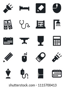 Set of vector isolated black icon - bed vector, pennant, office binder, abacus, mouse, stethoscope, dropper, fragile, notes, torch, calendar, calculator, pencil, table, fridge, outdoor lamp
