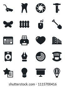 Set of vector isolated black icon - radar vector, mouse, tie, presentation board, bulb, job, lawn mower, butterfly, caries, speaker, favorites list, heart, mobile camera, calendar, ink pen, printer