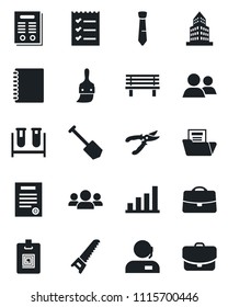 Set of vector isolated black icon - job vector, pruner, saw, bench, blood test vial, group, themes, case, copybook, office building, bar graph, document folder, identity card, support, checklist