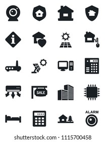 Set of vector isolated black icon - bed vector, office building, house, with tree, sale, sweet home, estate insurance, control, chip, router, web camera, air conditioner, pc, protect, sun panel