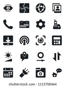 Set of vector isolated black icon - mobile tracking vector, radio phone, call, settings, calculator, network, calendar, data exchange, download, torch, brightness, eye id, photo gallery, application