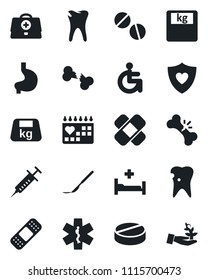 Set of vector isolated black icon - doctor case vector, syringe, scales, pills, scalpel, patch, ambulance star, heart shield, hospital bed, disabled, stomach, caries, broken bone, medical calendar