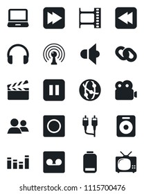 Set of vector isolated black icon - clapboard vector, film frame, antenna, speaker, equalizer, network, headphones, laptop pc, chain, group, low battery, pause button, fast forward, rewind, rca, tv