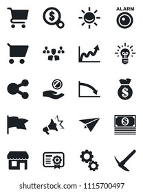 Set of vector isolated black icon - alarm led vector, group, gear, money bag, growth graph, crisis, search, investment, idea, cart, flag, cash, paper plane, social media, certificate, advertising