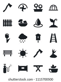Set of vector isolated black icon - fence vector, ripper, ladder, sproute, water drop, sun, rain, axe, bench, greenhouse, picnic table, bird house, garden sprayer, tulip, flower in pot, salad