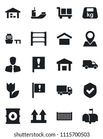 Set of vector isolated black icon - pin vector, important flag, client, sea shipping, cargo container, car delivery, port, warehouse storage, up side sign, tulip, shield, heavy, oil barrel, rack
