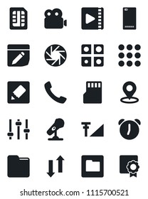 Set of vector isolated black icon - microphone vector, phone back, call, menu, mobile camera, tuning, alarm, sd, sim, folder, notes, data exchange, place tag, video, cellular signal, application